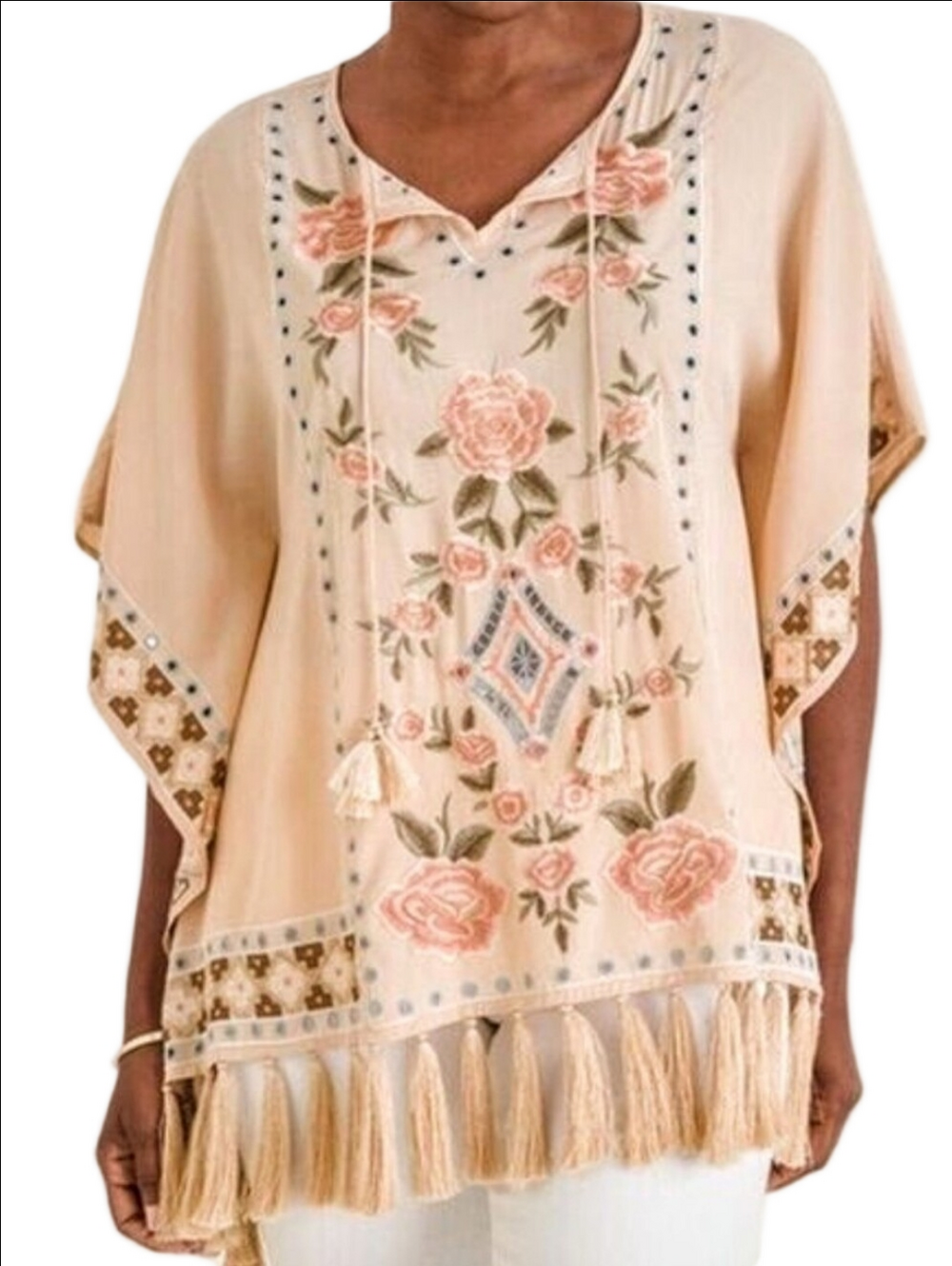 🆕 CHICO'S PINK BLUSH SILKY FLORAL AZTEC DESIGNS EMBROIDERED PONCHO WITH TASSELS